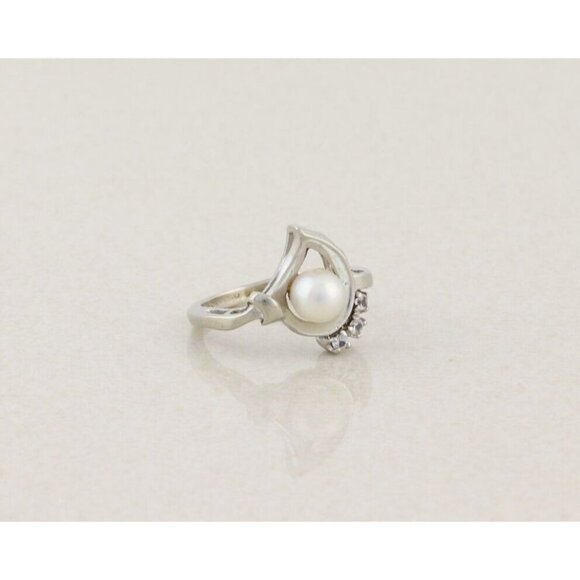 10k White Gold Freshwater Pearl & White Spinel Ring Size 5 - Picture 5 of 7